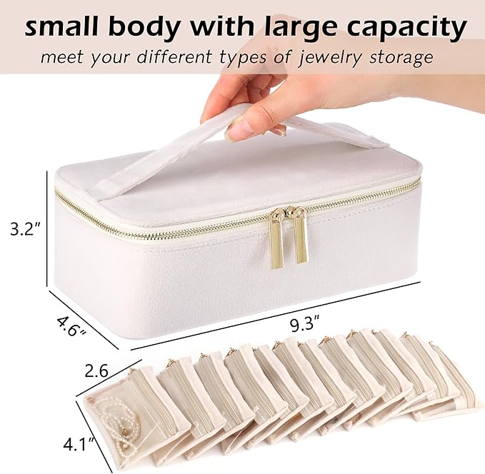HofferRuffer Jewelry Box Organizer for Women Girls, Travel Jewelry Case with 12 Portable Zipper Bags, Jewelry Storage Ideal for Travel & Home Organization (12pcs-CreamWhite Velvet)