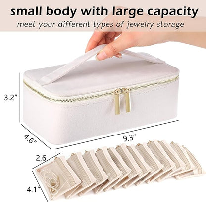 HofferRuffer Jewelry Box Organizer for Women Girls, Travel Jewelry Case with 12 Portable Zipper Bags, Jewelry Storage Ideal for Travel & Home Organization (12pcs-CreamWhite Velvet)