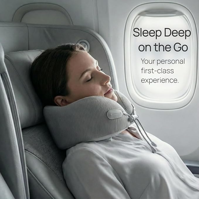 Memory Foam Travel Neck Pillow for Airplane, 360° Head Support Travel Essentials for Long Flights, Breathable Cooling Cover and Compact Storage Case, Portable Gift for Men and Women