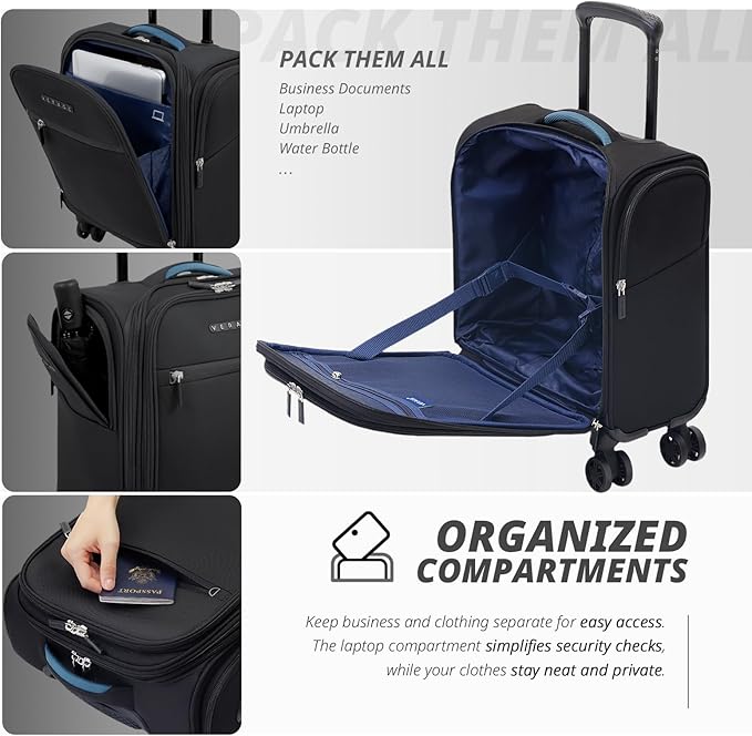 Verage Under Seat Luggage with Wheels, Softside Small Suitcase Spinner Carry On Luggage Bags for Airlines Airplanes Short Trip Men Women (Black, 14-Inch Underseat)