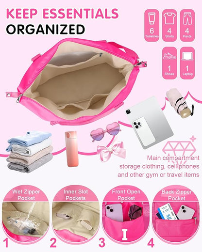 Overnight Bag for Kids Teen Girls Weekender Dance Bag Birthday Graduation Gifts,Initial Travel Duffel Bag Sports Gym Bag Personalized Weekender Bag Carry On Bags Preppy Gifts for Women(Hot Pink, I)