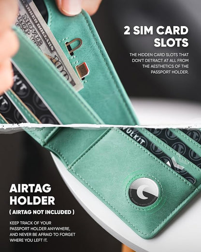 VULKIT Passport Holder with Airtag Holder RFID Blocking Passport Wallet Travel Leather Passport for Women(Mint Green)