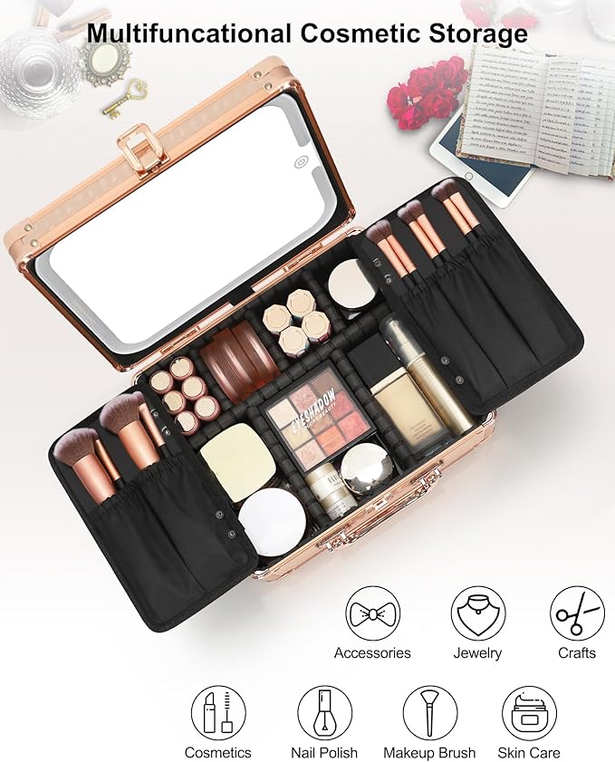 Relavel Makeup Bag with LED Mirror, Makeup Box Travel Train Case with Rechargeable Lighted Mirror, Cosmetic Brush Organizer Storage for Makeup Artists Gifts for Women and Girls, Rose Gold