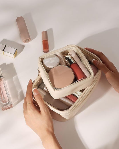 Pocmimut Mini Makeup Bag with Small Cosmetic Bag Travel Essentials Organizers,TSA Approved Toiletry Bag Makeup Pouch Clear Cosmetic Bags for Women,Beige