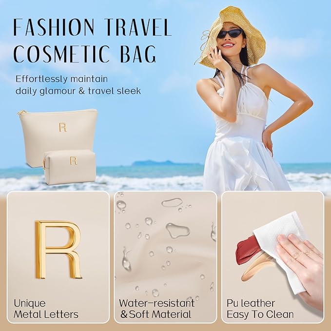 Women Gifts | Initial Makeup Bag Set for Girl Personalized Gifts for Bridesmaid Friend Graduation Teachers PU Leather Cosmetic Travel Toiletry Bag(Beige,R)