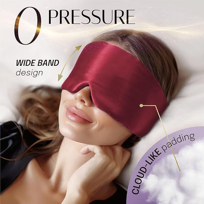 Silk Sleep Mask Soft Pressureless: 100% Mulberry Silk for Eye Skin Anti Wrinkles, Large Size for Total Blackout, Adjustable Wide Velcro Ear Cover, Burgundy