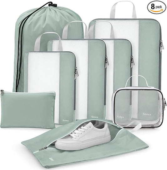 Gonex 8 Set Compression Packing Cubes for Travel Essentials, Expandable Mesh Organizer with Toiletry, Laundry, Shoe, Cable Bags for Suitcases, Gray