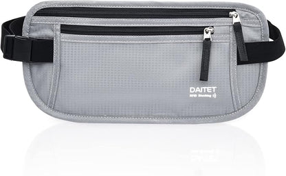 RFID Blocking Money Belt for Men Women, Slim Fanny Pack for Travel，Running,Conceal Waist Wallet for Passport Holder,Phone,Cash(Light Grey)