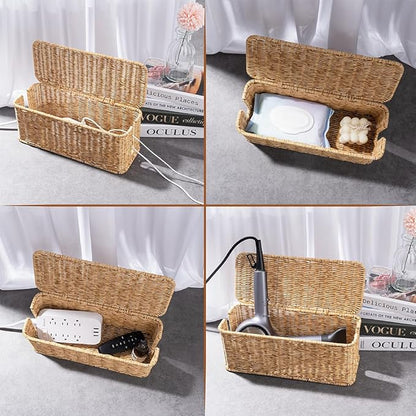 Cable Management Box, Handmade Rattan Cable Organizer, 2 Open Slots Cords Hider Box, Under Desk Cord Organizer for Computer Router USB Hub & Power Strip, Patent Pending, 13" x 5.1" x 5.1", Natural