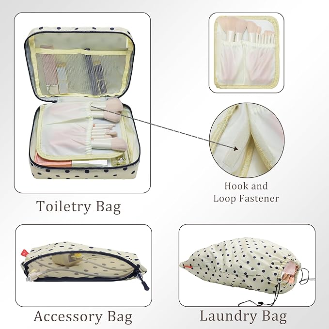 U+U 8 Set Compression Packing Cubes - Ultralight Travel Organizers with Laundry Bag and Cosmetic Bag, Space-Saving Suitcase Organizer for Travel, Business Trip and Family Vacation (Polka Dot)