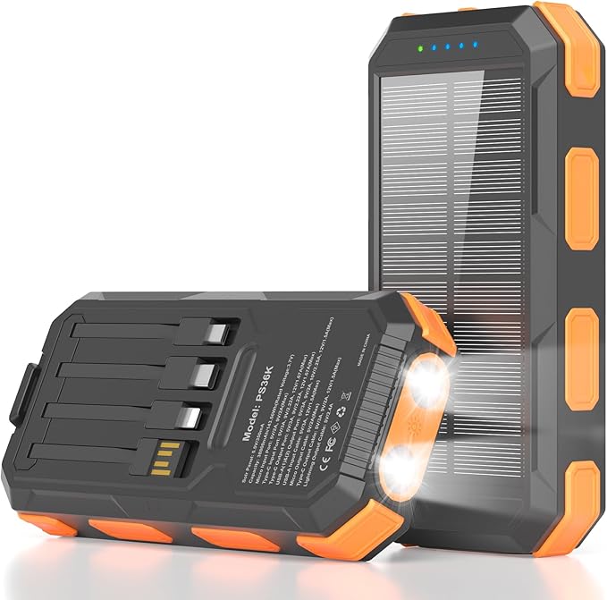 Solar Power Bank 38800mAh, Portable Charger, 4 Cables 4 Ports, PD22.5W Fast Charging External Battery Pack with USB C for Cell Phones, Solar Charger with Dual Flashlight, Perfect for Camping Travel