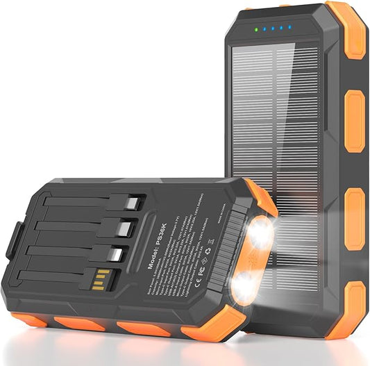 Solar Power Bank 38800mAh, Portable Charger, 4 Cables 4 Ports, PD22.5W Fast Charging External Battery Pack with USB C for Cell Phones, Solar Charger with Dual Flashlight, Perfect for Camping Travel