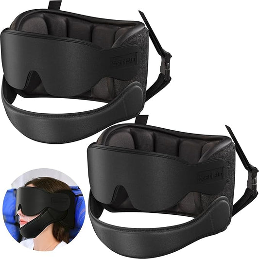 Airplane Pillow, Travel Pillows for Airplanes with Sleep Eye Mask, 360° Airplane Pillow for Long Flights, Car Road Trip, Car Headrest, Stop Bobblehead, Combo with Chin Strap,2-Pack Black