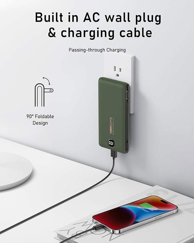VEEKTOMX Portable Charger with Built in Cables 10000mAh, Power Bank for iPhone with Wall Plug, Travel Essential Fast Charging USB C Slim External Battery Pack for iPhone 17/16/15, Samsung, iPad, etc
