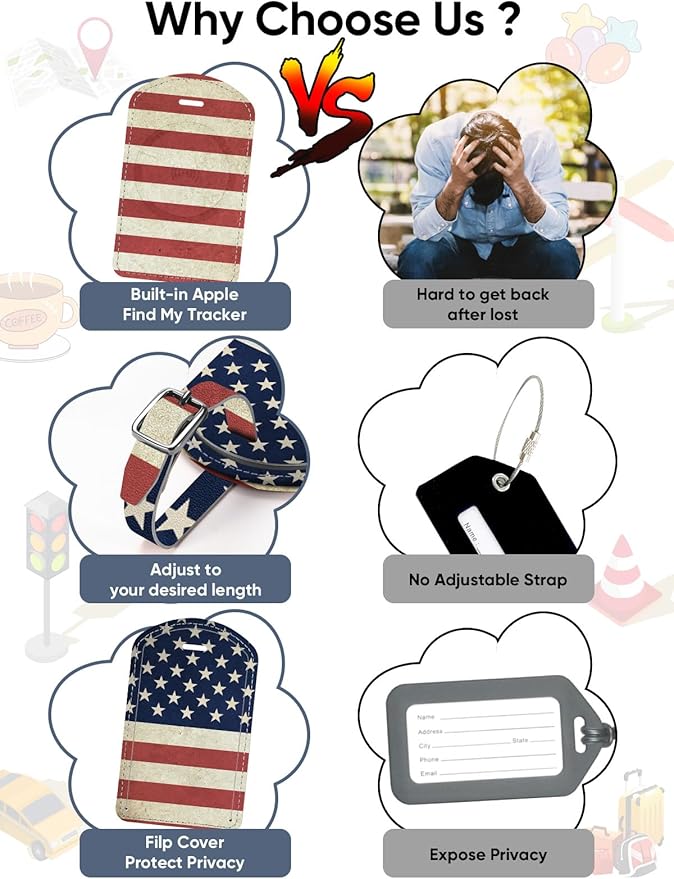Luggage Tags Built-in Anti-Loss Tracker, Luxury Leather Luggage Tags for Suitcase, Travel Bags, Backpacks, Travel Organizer for Lost Baggage Prevention (US Flag)