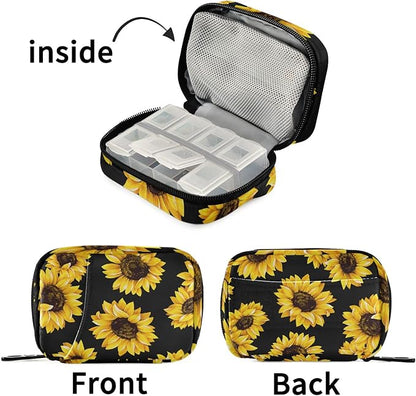 Black Sunflower Travel Pill Organizer Weekly Small (Cute) Pill Box 7 Day Pill Case Vitamin Holder Pill Bottle Organizer