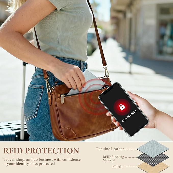 Genuine Leather Passport Holder for Women Men, Hidden Airtag Pocket, RFID Blocking, Zippered Coins Pocket & Cash Compartment Travel Gifts Essentials Passport Cover Case - Blue