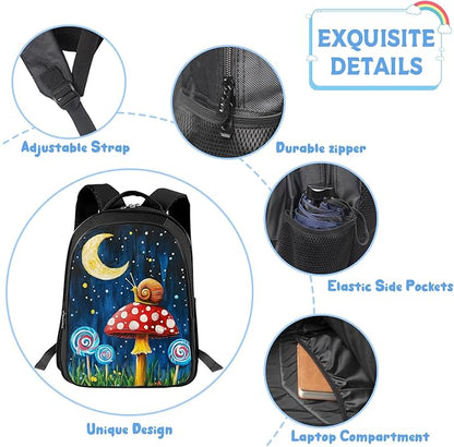 Mushroom Snails Backpack Mushroom Moon Night 17 Inches Bookbag 3PCS Set with Lunch Box Pencil Case Daypack for Kids Girls Boys