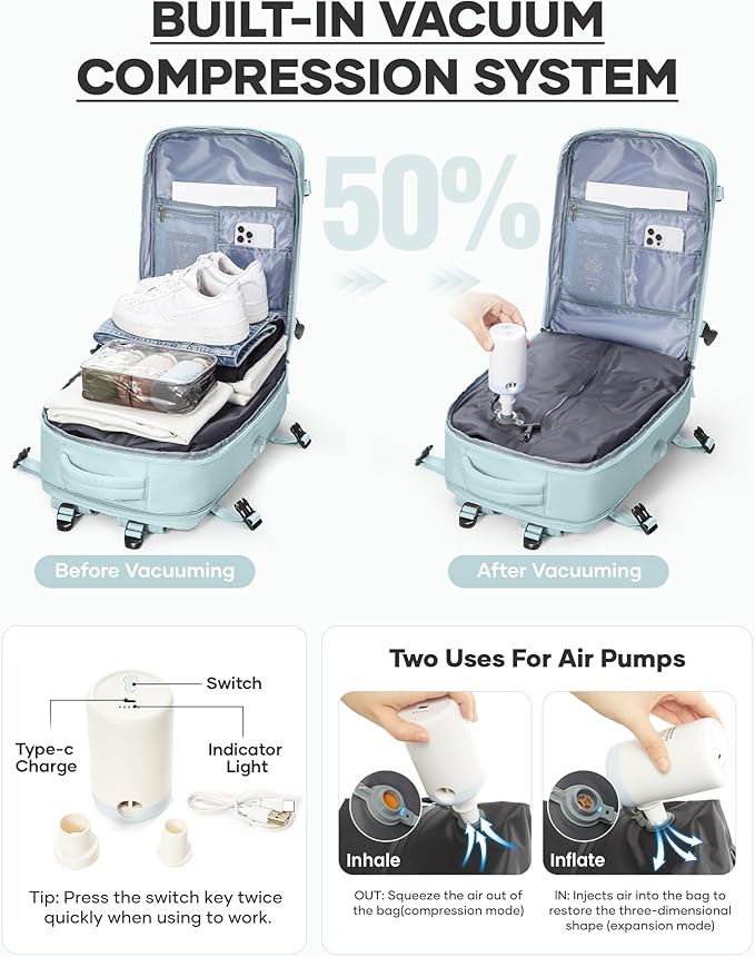 coofay Vacuum Backpack Travel with Pump Vacpack Travel Backpack with Vacuum System Mochila de Viaje Compresion al Vacio Easyvacpack Airbag Backpacks for Traveling Carry on Luggage