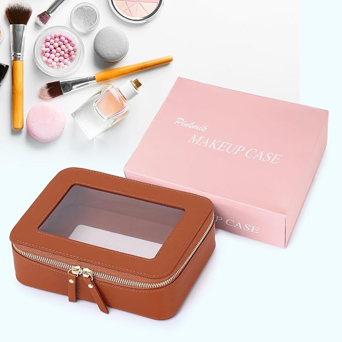 Pinkmik Clear Makeup Bag for Women Waterproof Travel Cosmetics and Toiletries Case Portable Makeup Oaganizer Bag Clear Car Bag with Zipper (X/Brown, M)