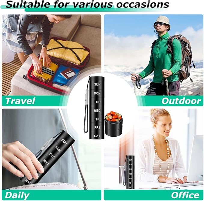 Aluminium Travel Pill Organizer,Weekly Metal Pill Case,Pill Holder, Moisture Proof Waterproof Daily Pill Box 7 Day, Large Pill Container to Hold Vitamins,Medication,Supplements【Black】
