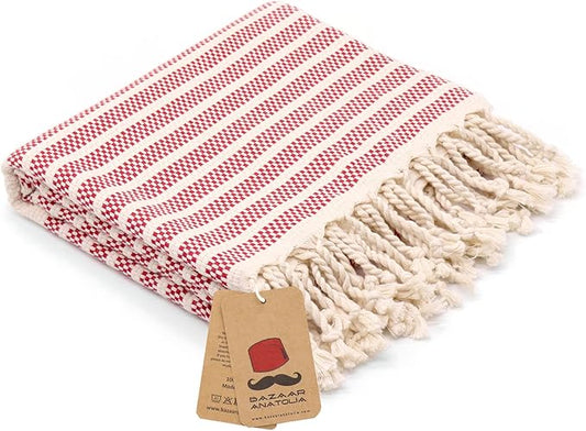 Bazaar Anatolia Turkish Beach Towel 100% Cotton Bath Towels 71x39 Quick Dry Sand Free Lightweight Large Oversized Mat Red - Made in Turkey
