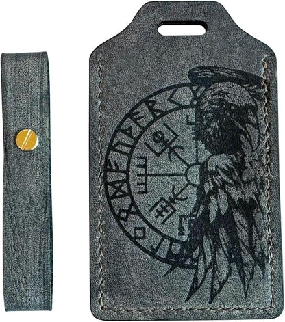 Mayan Corner - Leather Luggage Tag with Celtic Raven Design, ID Window, Grey, Brass Hardware, 4.3 x 2.7 inches