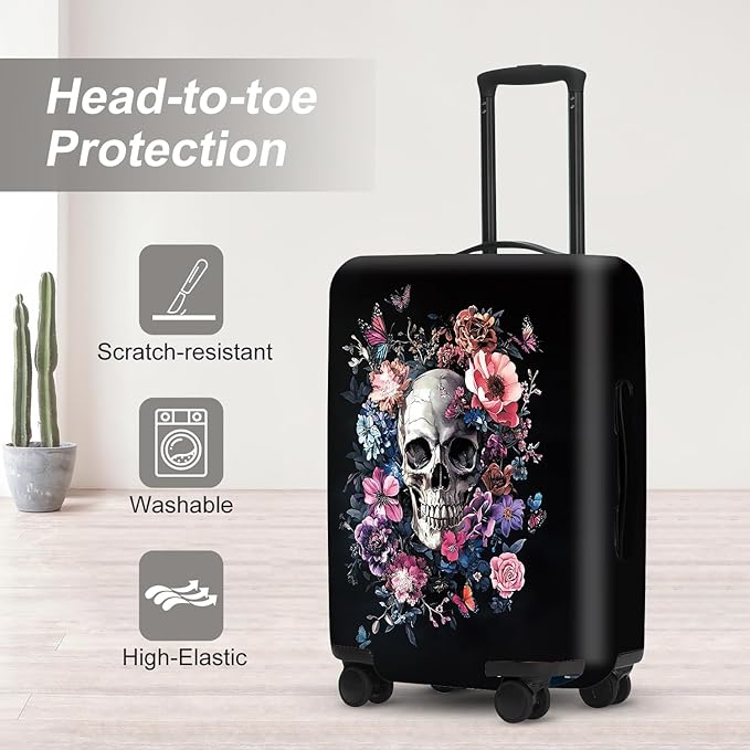 Day of the Dead Luggage Cover, Bohemian Skull & Floral Waterproof Protector, Vibrant Anti-Scratch Design for Suitcases
