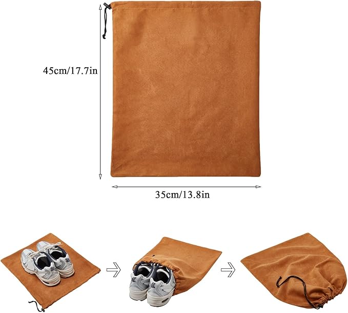 LAKE OF FIRE 4-Piece Travel Shoe Bags for Packing, 17.7" x 13.8" Dustproof Shoe Bags - Flannel Shoe Pouch with Drawstring Closure,Washable & Reusable(Brown)
