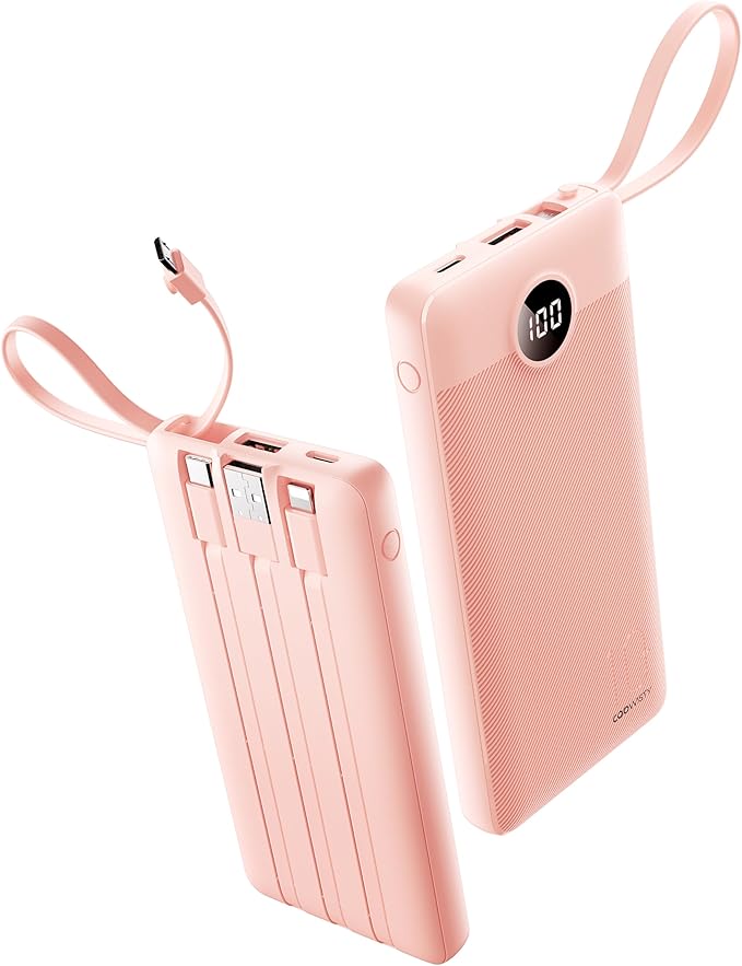 Portable Phone Charger, Slim 10000mAh Power Bank with Cords Wires, Battery Pack 5 Outputs 2 Inputs LED Display Compatible with iPhone/Android & More (Pink)