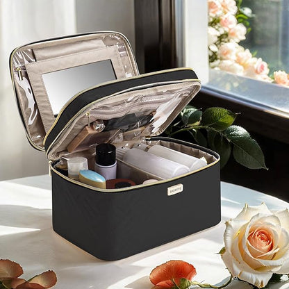 8.8L Double Layer Travel Makeup Bag With Mirror For Women, Large Cosmetic Case, Organizer for Travel-Size Accessories Bottles, Brushes,and Skin Care Products, 2.33 GAL, Black