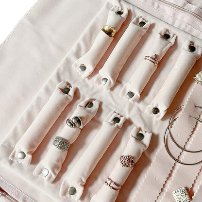 UnionPlus Velvet Travel Jewelry Case Roll Bag Organizer for Necklace Bracelet Earrings Ring, 6 PVC Pockets, Pink Upgrade Version