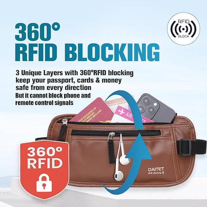 PU Leather Money Belt - Passport Holder Secure Hidden Travel Wallet with RFID Blocking, Undercover Fanny Pack(Brown)