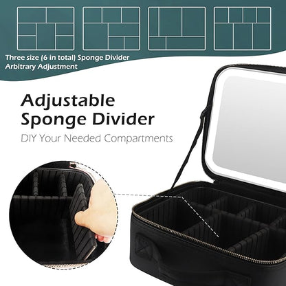 MOMIRA Travel Makeup Bag Cosmetic Bag Makeup Organizer Bag with Lighted Mirror, Adjustable Brightness in 3 Color Scenarios, Waterproof Makeup Train Case, Gift for Women - Black