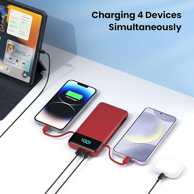 FOCHEW Portable Charger for iPhone with Built in Cables and Wall Plug,Upgraded 13800mAh Fast Charging USB C Power Bank,4 Outputs Travel Essential Battery Pack Compatible with iPhone 15/14/13/12,-Red