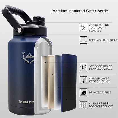 NATURE PIONEOR One Gallon Water Bottle Insulated - Large Double Vacuum Stainless Steel 128 oz Water Bottle with Holder/Carrier, 1 Gallon Water Jug,128oz, Wide Mouth