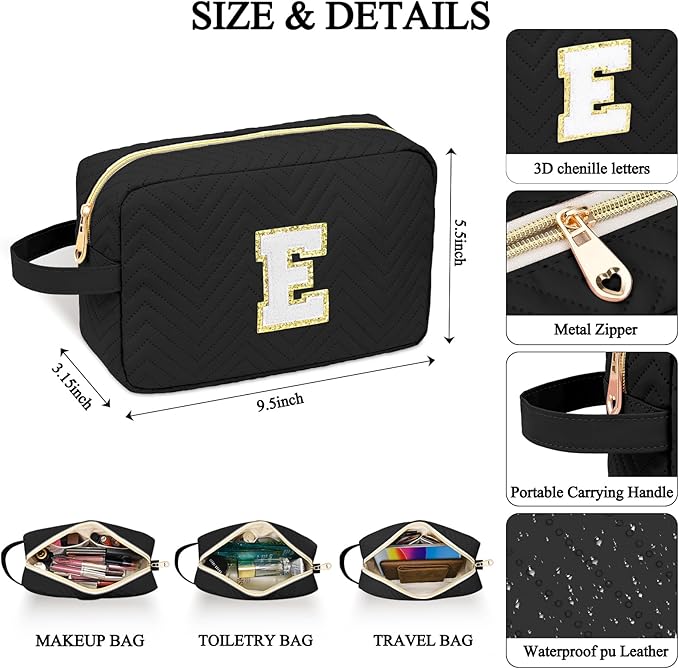 Personalized Initial Makeup Bag Trendy Stuff Leather Waterproof Cosmetic Bag Travel Toiletry Bag, Christmas/Thanksgiving/Halloween Gifts Makeup Organizer Case for Women Girls Mom Girlfriend Wife