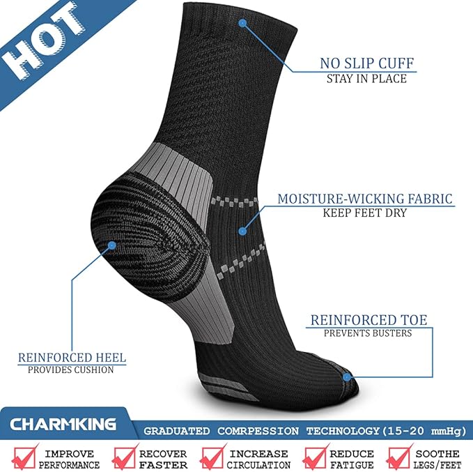 CHARMKING 6 Pairs Crew Compression Socks for Women & Men Circulation 15-20 mmHg is Best for All Day Wear Running Nurse