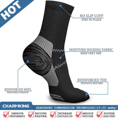 CHARMKING 6 Pairs Crew Compression Socks for Women & Men Circulation 15-20 mmHg is Best for All Day Wear Running Nurse