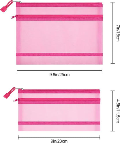 12 Pieces Zipper Nylon Mesh Pouch, Mesh Cosmetic Bags Makeup Bags Pencil Case, Multipurpose Travel Bags for Cosmetic School Office Supplies and Travel Accessories (2 Layers-Pink, A5)
