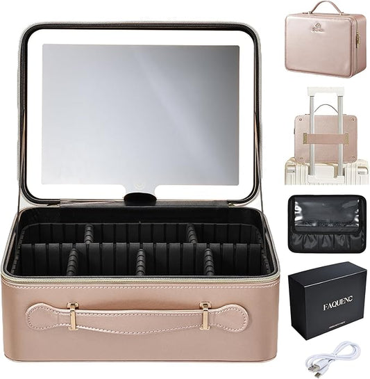 Leather Makeup Case with LED Lighted Mirror 11.4 Inch Travel Makeup Bag Adjustable Brightness in 3 Colors Cosmetic Organizer Artist Storage Bag with Dividers Brush Holder Bag Vanity Champagne Gold