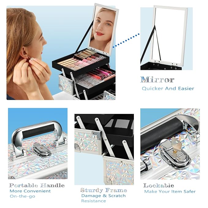 Joligrace Makeup Train Case Makeup Case Organizer Portable Cosmetic Box Storage with 2 Trays Mirror Locking with Keys Make Up Travel Case Nail Kits Traveling Makeup Box Shiny Silver