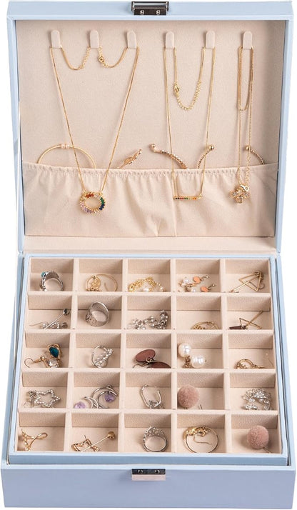 Frebeauty Earring Organizer Classic Jewelry Box 50 Slots Double Layer Jewelry Storage Case with 6 Necklace Hook and Bracelet Pocket(Sky Blue)