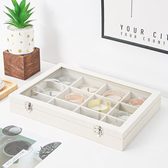 Coward Jewelry Organizer Box, Beige Velvet 12 Grids Bracelet Bangle Necklace Jewelry Display Tray Case with Transparent Glass Lid for Home Drawer Desk or Store Selling Show