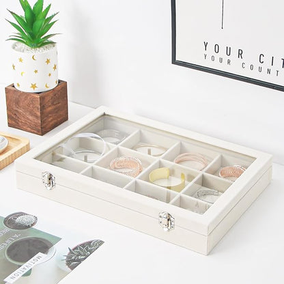 Coward Jewelry Organizer Box, Beige Velvet 12 Grids Bracelet Bangle Necklace Jewelry Display Tray Case with Transparent Glass Lid for Home Drawer Desk or Store Selling Show
