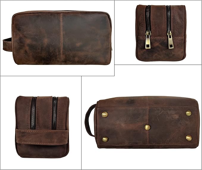 RUSTIC TOWN Full Grain Leather Travel Toiletry Bag - Cosmetic Ditty Kit Organizer (Dark Brown)