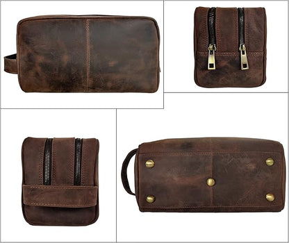 RUSTIC TOWN Full Grain Leather Travel Toiletry Bag - Cosmetic Ditty Kit Organizer (Dark Brown)
