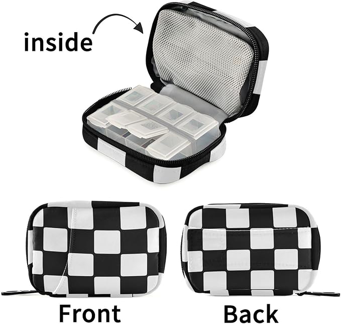 Pill Organizer Box Case Weekly Travel Pill Container Cute Pill Holder 7Day Vitamin Organizer Pill Dispenser Sorter Planner Storage Small Compact Checkerboard White and Black05