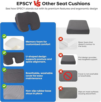 EPSCY Memory Foam Seat Cushion for Office Chair, Car, Airplane & Bleachers – Ergonomic Support for Sciatica, Hip & Tailbone Pain Relief – Comfort Pad for Long Sitting, Office Workers & Driver - Grey