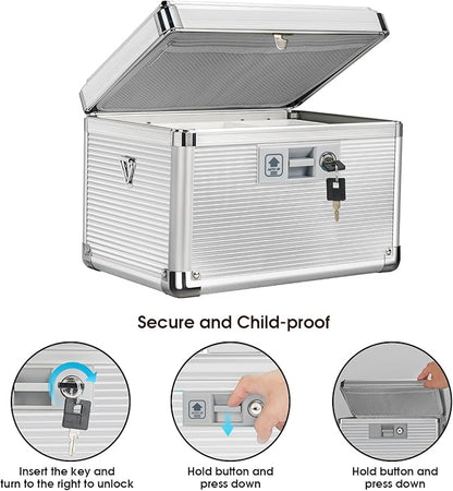 Medicine Lock Box with Key, Alluminum Alloy Box for Medication,First Aid Box with a Removeable Tray to Store Medicines & Pills for Home,Silver 10 * 6.89 * 6.89 Inch